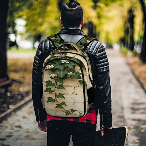 Trailing Ivy On Brick Wall Print Backpack For Everyday Carry worn by person in park