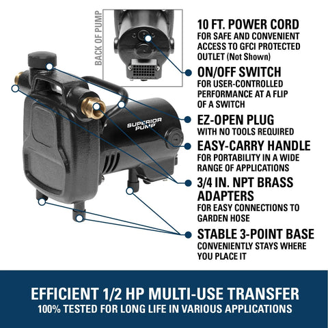 Front view of black Superior Pump 90050 transfer pump with 1/2 HP and 3/4 in. NPT brass adapters, on a stable base