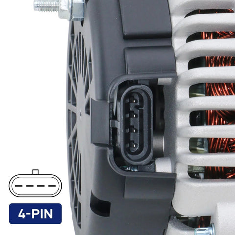 Close-up of 4-pin connector on 145 Amp alternator for 1999-2007 Silverado 1500, 2002-2006 Avalanche Express 1500