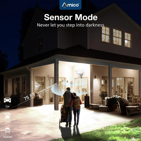 LED Motion Sensor Security Flood Light With 50W 6000LM 6500K IP65 Waterproof 3 Head Exterior Flood Light illuminating a house porch