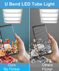 Comparison of U Bend LED Tube Light 20W 40W Equivalent, 6000K Cool White, 2000 Lumens, showing no flicker vs flicker in phone screen