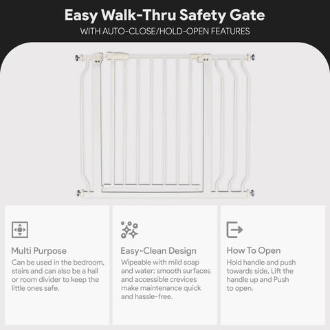 Easy Walk-Through Baby Safety Gate with Auto Close and Hold Open, all steel construction, stands 30 inches tall, white design.