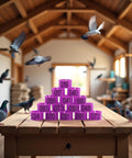 Purple Numbered Leg Bands 100 Pack for Pigeons and Doves 8mm Inner Diameter Elastic Bird ID Rings stacked in aviary