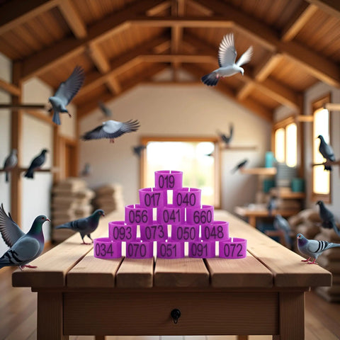 Purple Numbered Leg Bands 100 Pack for Pigeons and Doves 8mm Inner Diameter Elastic Bird ID Rings stacked in aviary