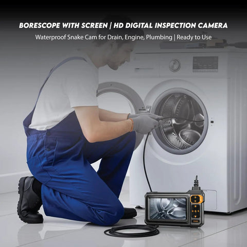 Handheld Borescope Camera With Built-In 4.3 Inch Display, 1080P Snake Camera, 16.5 Ft Cable, 8 LEDs, IP67 Waterproof, 1800mAh Battery, No Phone Needed, Perfect For Automotive, Plumbing, HVAC, And Wall Inspections. Technician inspecting washing machine drum