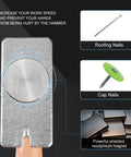 Pro Grade Magnetic Roofing Hammer With Solid Hardwood Handle And Round Striking Surface Magnet For Badass Quick Nailing Shingle Jobs Without Breaking A Sweat All Day showing round striking magnet and roofing nails.