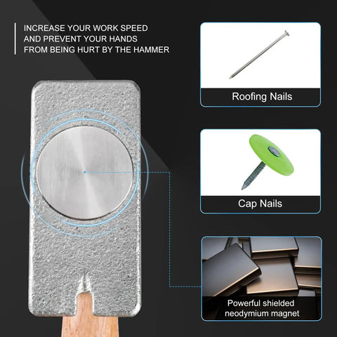 Pro Grade Magnetic Roofing Hammer With Solid Hardwood Handle And Round Striking Surface Magnet For Badass Quick Nailing Shingle Jobs Without Breaking A Sweat All Day showing round striking magnet and roofing nails.