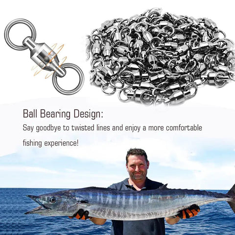 Saltwater Rolling Barrel Ball Bearing Swivels With Stainless Steel Construction High Strength Solid Welded Rings Black Nickel Finish 25 Pack 110 Lb Capacity For Serious Fishing showing swivel pile and tuna catch