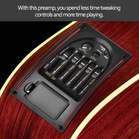 Acoustic Guitar Preamp With Piezo Pickup, 5 Band EQ, Digital Tuner, Onboard Volume, and Loudness Contour interface on guitar body