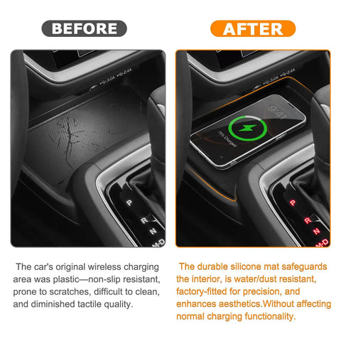 Before and after installation of Subaru Crosstrek Wireless Charging Protective Pad for 2024-2026 center console anti-slip mat.