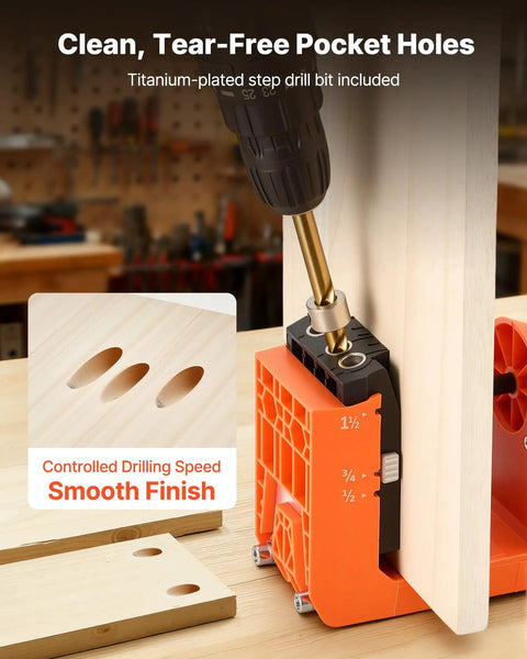 Pocket Hole Jig Kit for Woodworking With Adjustable Half Inch Three Quarters Inch One And A Half Inch Settings 360 Degree Rotating Handle drilling