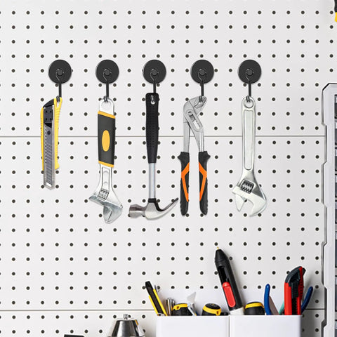 Heavy Duty Magnetic Hooks 120Lb Capacity With 180 Degree Swivel Rotating Design Neodymium Hook Magnets holding tools in a garage