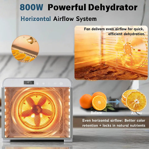 Heavy Duty Ten Tray Food Dehydrator Machine That Runs Smooth Like A Champ With 800W Turbo Power And Reliable Timer for even dehydration.
