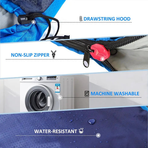 Three Season Camping Sleeping Bag For Adults And Kids Lightweight Weather Resistant And Waterproof showing features like drawstring hood, non-slip zipper, machine washable, and water-resistant material.