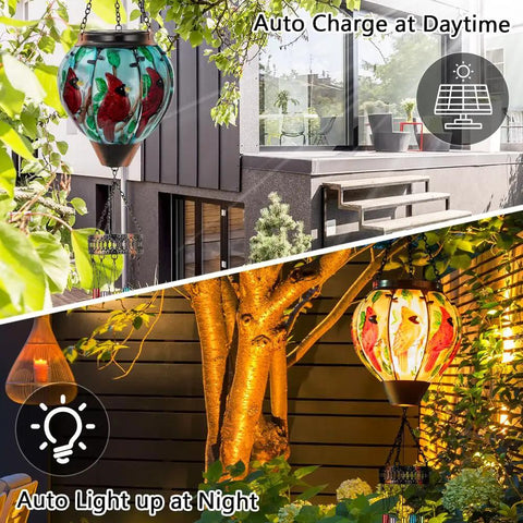 Day and night view of solar wind chimes with cardinal hot air balloon design, glowing orange and red, hanging in garden decor.