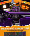 12 Gang Switch Panel With RGB Backlight RB120 in car dashboard showcasing toggle, momentary, pulsed modes and LED lights