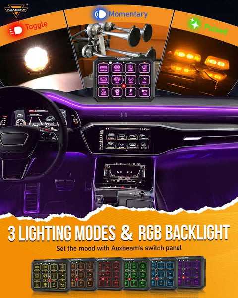 12 Gang Switch Panel With RGB Backlight RB120 in car dashboard showcasing toggle, momentary, pulsed modes and LED lights