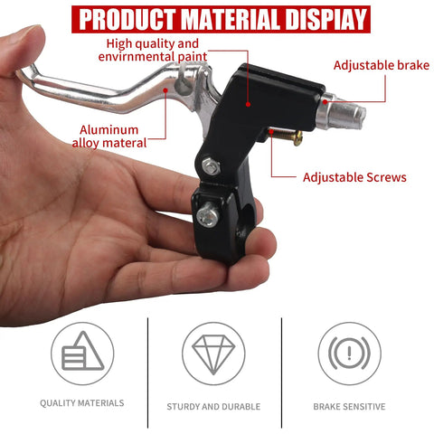 Hand holding brake lever from Complete Bike Brakes Set With Inner And Outer Calipers Cables And Levers Front And Rear MTB Universal Brake Kit With Multi Tool Wrenches And Cable Ties Silver Finish For Easy Install showing material display.