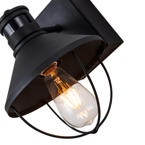 Outdoor Wall Light With GFCI Outlet, 2 Pack, Motion Sensor, Dusk To Dawn, 3 Modes, close-up of farmhouse sconce