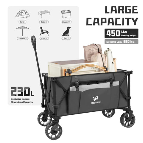 Folding Collapsible Utility Wagon For Outdoor Hauling With Table Top And Side Pocket 400Lbs Heavy Duty Cart in grey, loaded with cargo