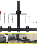 Precision Aluminum Hardware Drilling Jig Drill Template For No Sweat Cabinet Pull Setup With Built In Sight Lines components and drill in use.