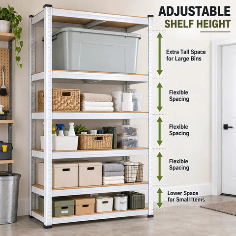 Heavy Duty 5 Tier Storage Shelf Rack Adjustable Boltless Steel Frame With Thick MDF Boards Rock Solid Garage Shelving Kit For Kitchen Pantry Quick Setup Superior Load Capacity 30X12X59 Inches White showcasing adjustable height with various storage bins and towels.