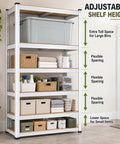 Heavy Duty 5 Tier Garage Storage Shelves With Adjustable Boltless Steel Frame And Thick Mdf Boards, 1929 Lbs Capacity, 30X12X59 Inches, White, displaying adjustable shelves filled with storage bins and decor.