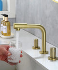 8 Inch Widespread Bathroom Faucet With 360 Degree Swivel Spout And Nozzle, Brushed Gold Finish, water filling a glass