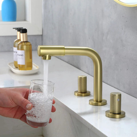 8 Inch Widespread Bathroom Faucet With 360 Degree Swivel Spout And Nozzle, Brushed Gold Finish, water filling a glass