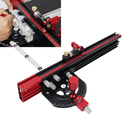 Tough Table Saw Miter Guide With 13 Positive Angle Stops And Adjustable Backing Blocks That Slide Smooth To 36 Inches with precise adjustment features.