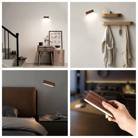 Cordless LED Wall Sconces With 360 Degree Rotating Magnetic Reading Light Real Wood Grain Night Lights for various rooms