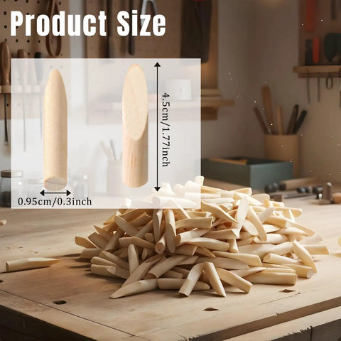 Pile of 300 Pack Solid Wood Pocket Hole Plugs For Pocket Hole Jig, Pine Wood Plugs For DIY Woodworking on a workbench, 3/8 Inch Diameter By 1.78 Inch Length, Ideal For Cabinets And Furniture.