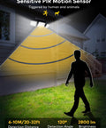Illustration of Solar Motion Sensor Outdoor Flood Lights with Remote Control activating at night next to a house.