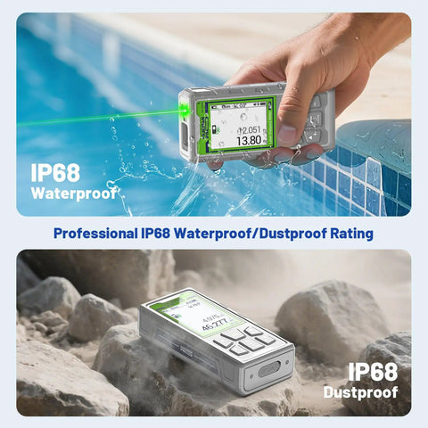 Outdoor Pro Laser Measuring Tool With 495 Ft Range Green Beam Camera Bluetooth P2P Tech Free App IP68 Rugged Build Micro USB Hand Strap And Pouch Precision To One Sixteenth Inch Ideal For Real Estate Pros And Build Crews waterproof laser distance meter in pool and rocks