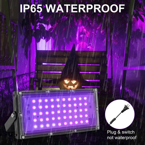 30W LED Black Light Flood Lights For Glow Parties IP65 Waterproof UV 395nm Purple Glow Spotlight in rainy outdoor setting