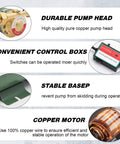 Features of 90W Water Pressure Booster Pump 115VAC 317 GPH At 21.7 PSI for Home and Shower, showing copper pump head, control box, base, and motor
