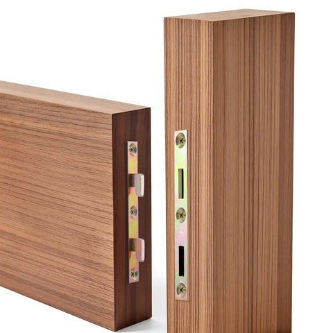 Straight Up Solid Heavy Duty Metal Bed Rail Fasteners And Steel Frame Brackets With Screws For Wood Furniture Replacement Parts To End Those Floor Creaks showing metal brackets and wooden panels.