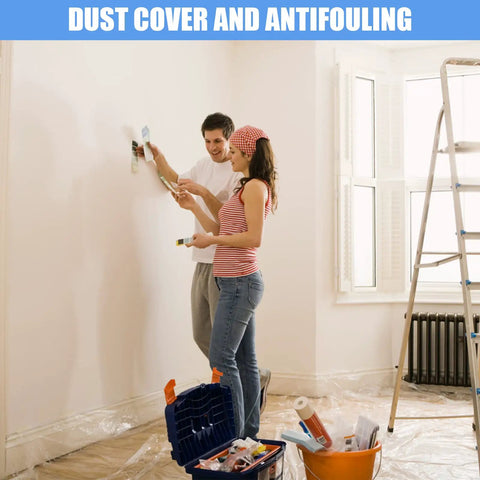 Couple painting a room with 30 Pack Clear Plastic Drop Cloths For Painting, Waterproof And Dustproof Protection on floor