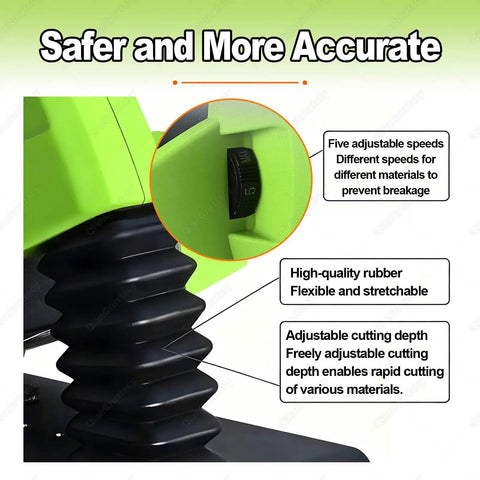 Quick Slice Handheld Electric Pipe Cutter Adjustable 3200RPM shows adjustable speed dial and rubber details for safe, precise cuts.