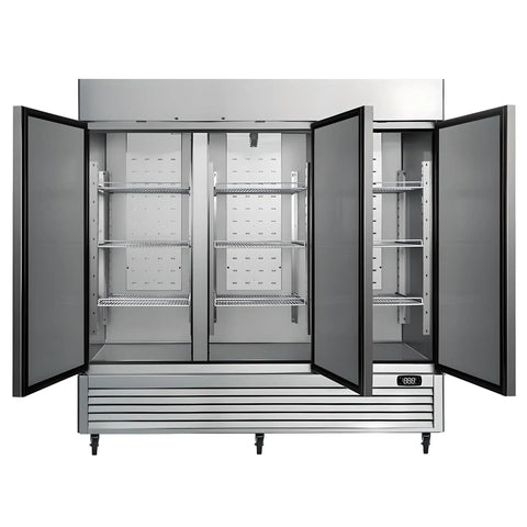 Heavy Duty Commercial Upright Freezer Convertible To Fridge 72 Cu Ft Full Size Reach In With Stainless Steel Shell open doors showing adjustable shelves