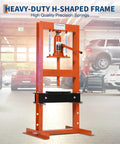 Hydraulic Shop Press 6-Ton H-Frame For Garage And Home Workshop Floor Model With Adjustable Pressure Press Plates Included Beefed-Up Durable Orange Finish in a workshop setting