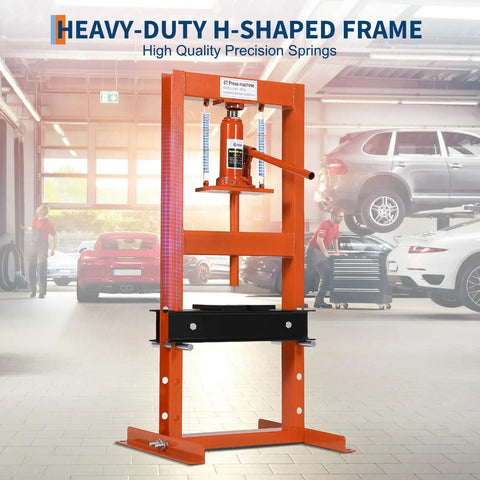 Hydraulic Shop Press 6-Ton H-Frame For Garage And Home Workshop Floor Model With Adjustable Pressure Press Plates Included Beefed-Up Durable Orange Finish in a workshop setting