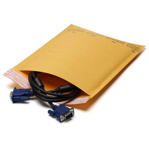 Eco Kraft Bubble Mailer Self Sealing 6.5 By 9 Inches Pack Of 250 Durable Bubble Lined Mailers For DVDs And Small Items Made From Recycled Kraft Paper For Safe Secure Delivery Planet Friendly displayed with cable inside