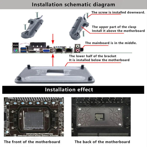 Installation diagram of Rock Solid Universal CPU Cooler Mounting Bracket Kit For AMD Am5 And Am4 Motherboards with backplate.