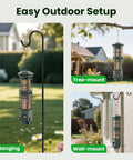 Backyard Ready Squirrel Proof Bird Feeder With 3 Port Design shown hanging, tree-mounted, and wall-mounted in outdoor settings.