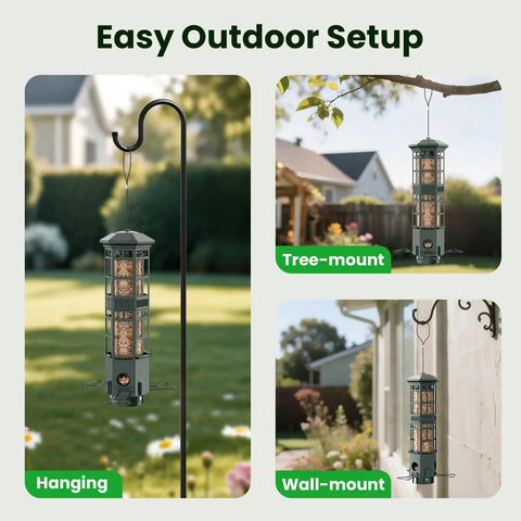 Backyard Ready Squirrel Proof Bird Feeder With 3 Port Design shown hanging, tree-mounted, and wall-mounted in outdoor settings.