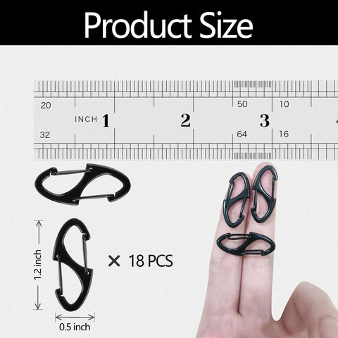 18 Pack Double Sided Spring Carabiner Clips For Keys Backpacks And Zippers shown next to ruler for size reference, hand for scale.