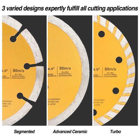 Close-up of a Three Piece Four And One Half Inch Diamond Cutting Blade Set For Tile And Masonry Heavy Duty Continuous Segmented Turbo Rim
