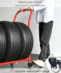 Heavy Duty Rolling Tire Storage Rack Holds Four Wheel Rims Sturdy Cold Rolled Steel mobile cart with swivel casters for easy movement.