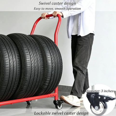 Heavy Duty Rolling Tire Storage Rack Holds Four Wheel Rims Sturdy Cold Rolled Steel mobile cart with swivel casters for easy movement.